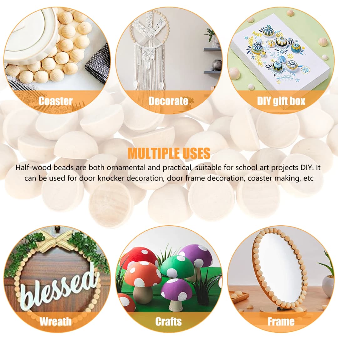 100 قطعة نصف خرز خشبي غير مكتمل، نصف كرات خشبية مستديرة، كرات خشبية صغيرة مقسمة، لوازم حرف يدوية - 5