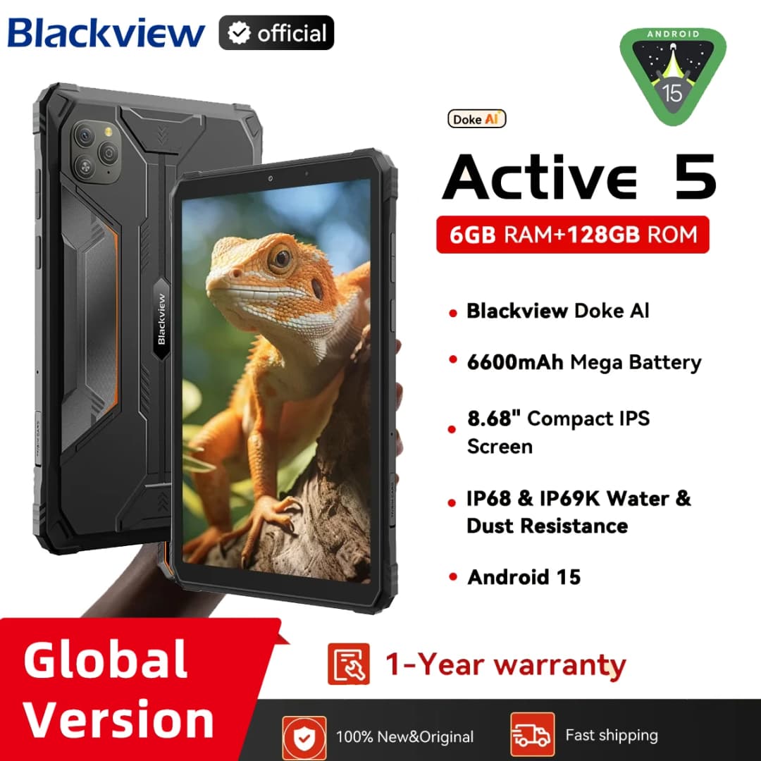 كمبيوتر لوحي متين Blackview Active 5 بشاشة 8.68 بوصة HD+ بمعدل تحديث 90 هرتز ونظام Android 15 وذاكرة 8 جيجابايت + 128 جيجابايت وبطارية 6600 مللي أمبير في الساعة ومقاوم للماء/ثنائي الشريحة/IP68/NFC/GPS