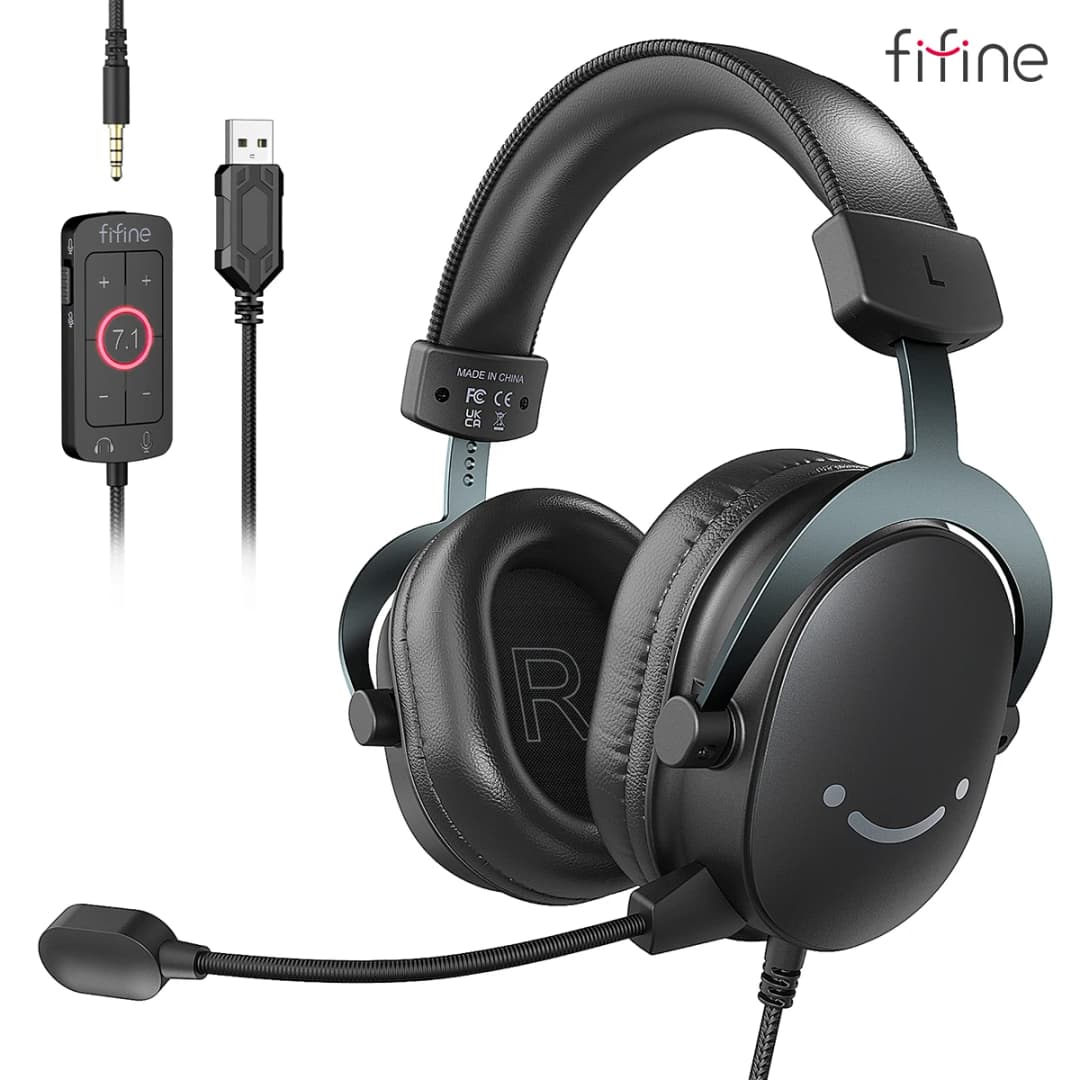 سماعة رأس FIFINE، مقبس 3.5 مم وسماعة USB مع صوت محيطي 7.1/تحكم في مستوى الصوت/مفتاح كتم الصوت لجهاز الكمبيوتر/ماك/PS4/PS5 خلاط-H9
