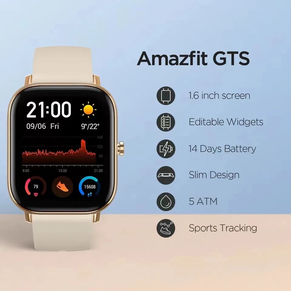 ساعة Amazfit GTS الذكية للرجال والنساء، مقاومة للماء حتى 5 أتموسفير، تتبع الرياضة، واجهات قابلة للتعديل، التحكم في الموسيقى، جهاز تجديد