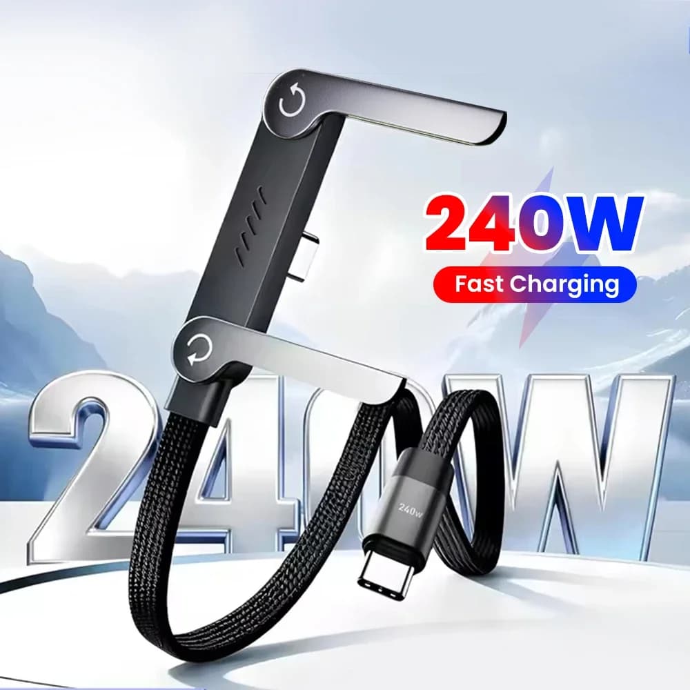 كابل 2 في 1 PD USB C بقوة 240 واط مع حامل هاتف قابل للطي والدوران 90 درجة كوع مخصص للألعاب كابل مضفر بسرعة 480 ميجابت/ثانية شحن سريع ونقل بيانات