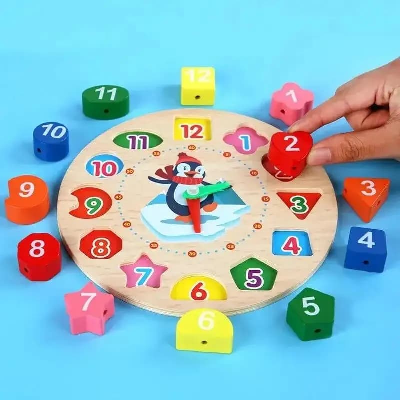 Wooden Blocks Puzzle Shape Number  Color Sorting Clock Montessori Toys for Kids Early Education Penguin Patterns Time Learning - 4