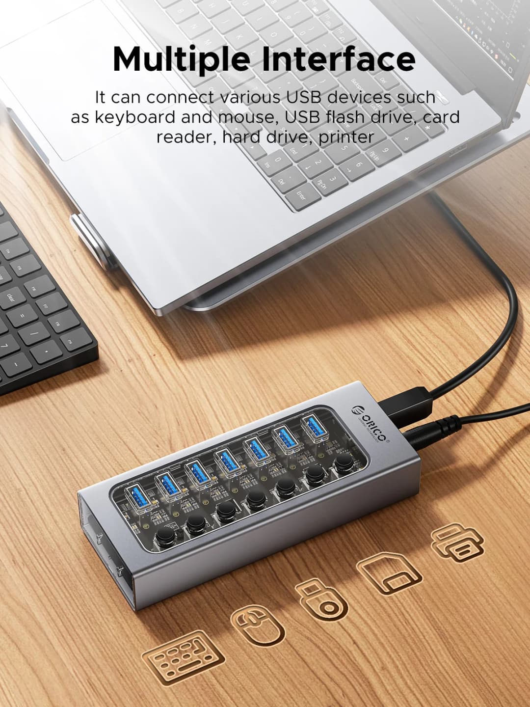 ORICO هاب USB3.0 من الألومنيوم الصناعي مقسم 7 منافذ مع محول طاقة 12 فولت لماك بوك والهواتف المحمولة والأجهزة اللوحية - 3