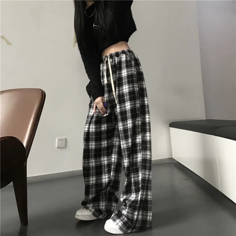 Oversize Women Sweatpants Fashion Black Plaid Casual Pants Baggy Elastic Waist Pockets Student Unisex Hip Hop Loose Trousers - 4