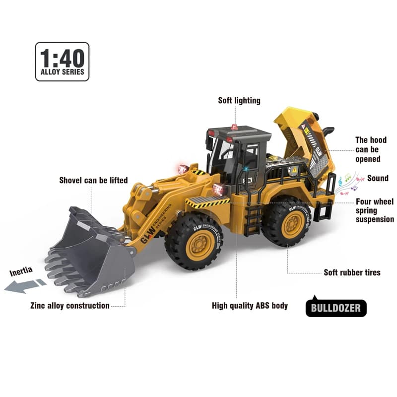 Bulldozer Alloy+Plastic Diecast Model Engineering Play Vehicles Pull Back Driving Loader Car Toys Collection Gifts For Children - 4