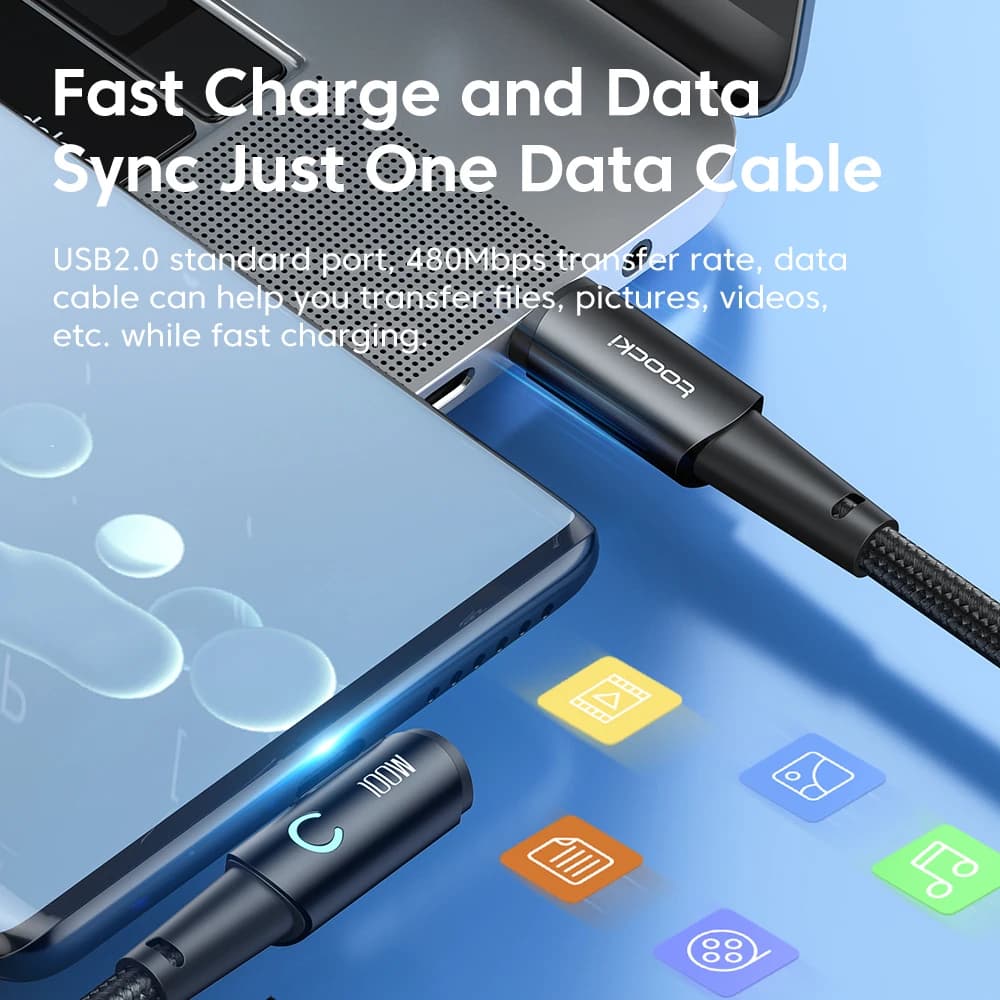 Toocki 100W USB C TO Type C Cable PD Fast Charger For Samsung HUAWEI Xiaomi MacBook POCO  Elbow 90 Degree USB 2.0 Data Cord Wire - 4