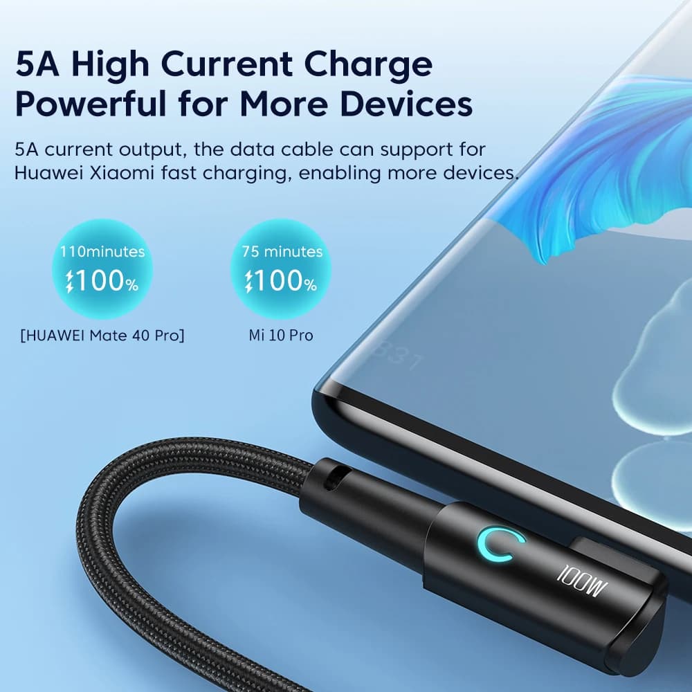 Toocki 100W USB C TO Type C Cable PD Fast Charger For Samsung HUAWEI Xiaomi MacBook POCO  Elbow 90 Degree USB 2.0 Data Cord Wire - 3
