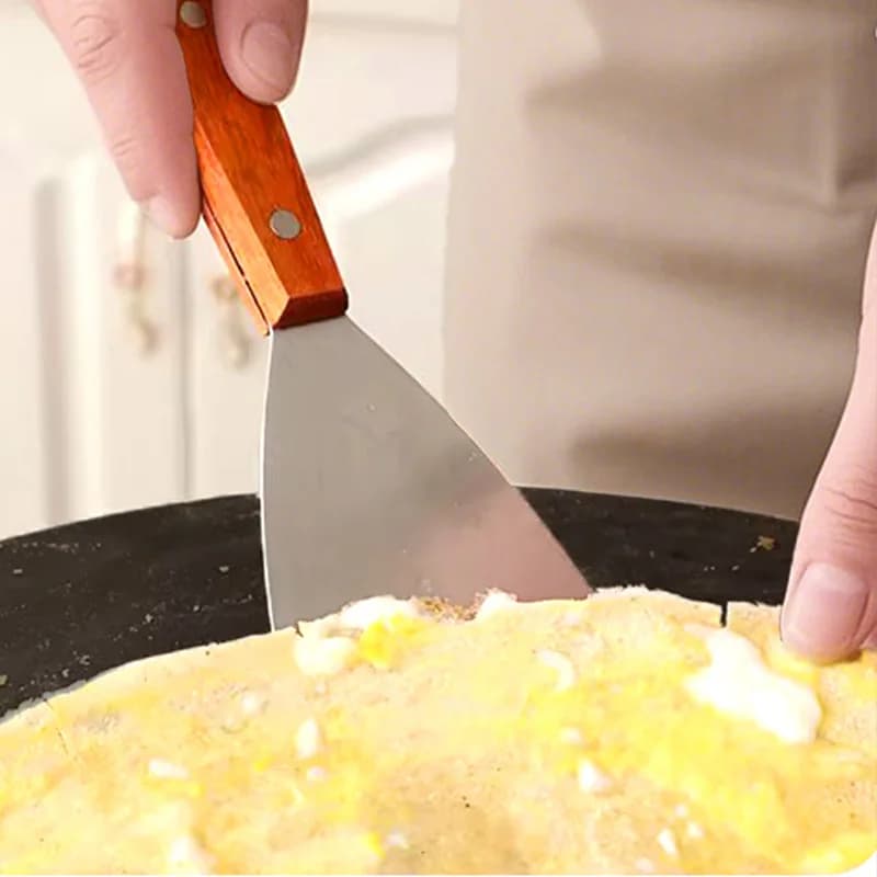 قواطع بيتزا مائلة ملعقة ستيك برجر فطيرة بيتزا كاشطة مجرفة أدوات مطبخ للشواء مقبض خشبي من الفولاذ المقاوم للصدأ - 3