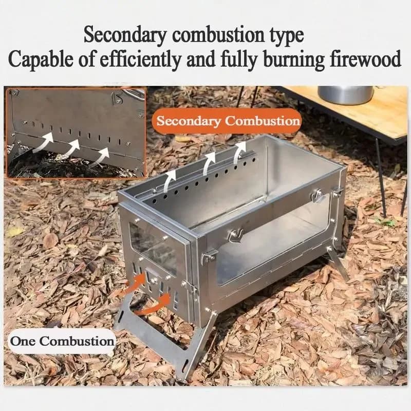 430 الفولاذ المقاوم للصدأ المحمولة خيمة موقد طوي مع الجانب الزجاج مدخنة الموقد التخييم موقد الخشب التدفئة الطبخ شواء - 2