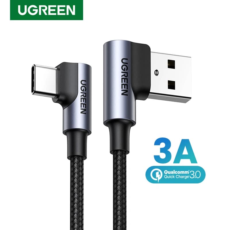 Ugreen النايلون USB C كابل 90 درجة شاحن سريع USB نوع C كابل ل شاومي Mi 8 سامسونج غالاكسي S9 زائد الهاتف المحمول USB-C الحبل