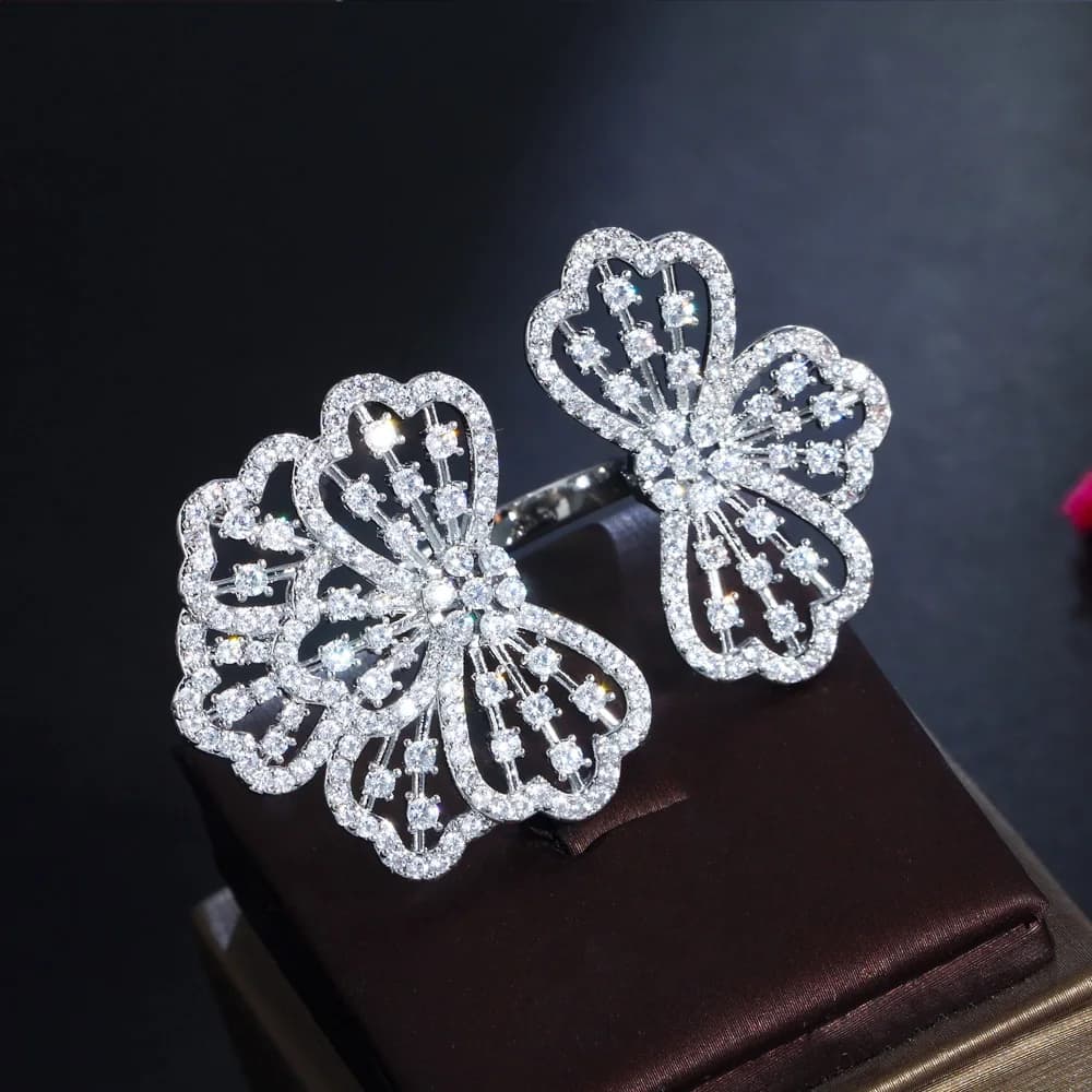 CWWZircons Sparkling CZ Zircon Statement Luxury Big Chunky Flower Rings for Women Wedding Bridal Party Jewelry Accessories R220 - 4