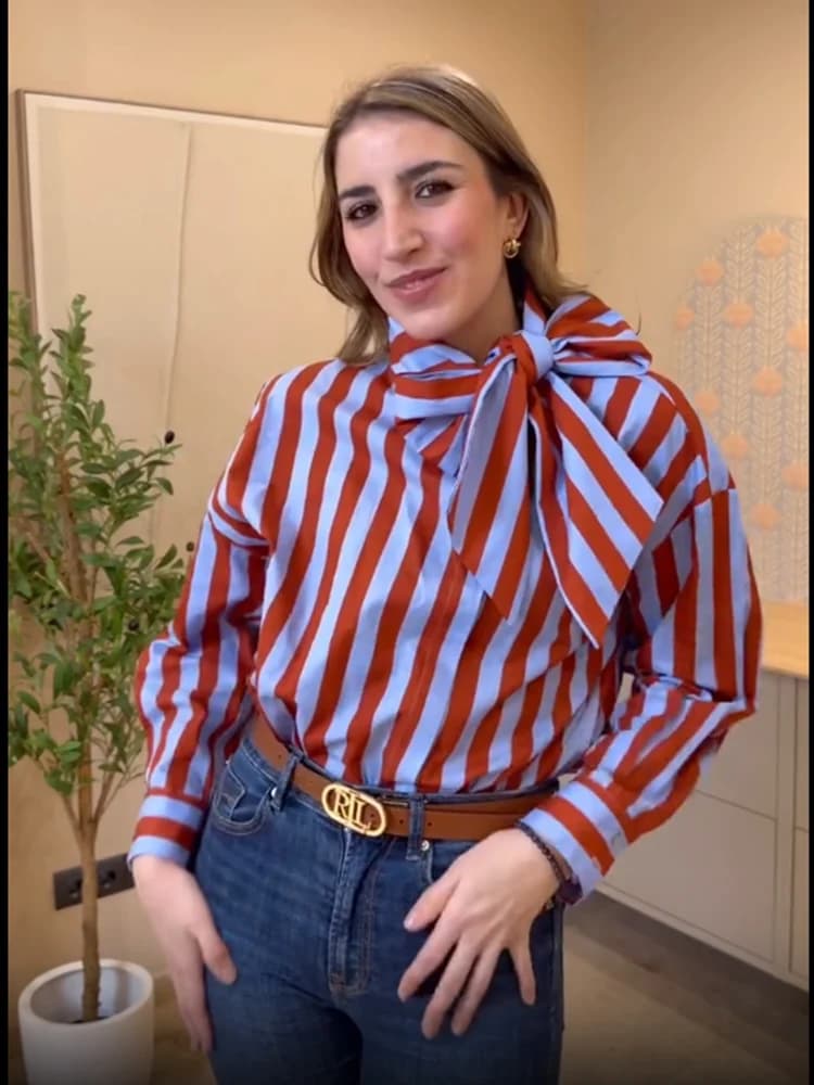 TFMLN Women Spring New Striped Shirt Elegant Bow Neck Single Breasted Loose Blouse Casual Vintage Printed Long Sleeve Shirts