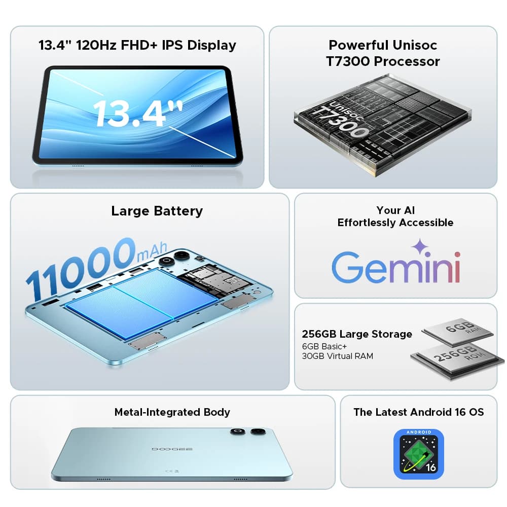 DOOGEE U13 Pro Tablet PC Android 16 Gemini AI 13'' FHD+ 120Hz UNISOC T7300 32GB 256GB 11000mAh Battery 13MP+8MP Smart Pad - 2