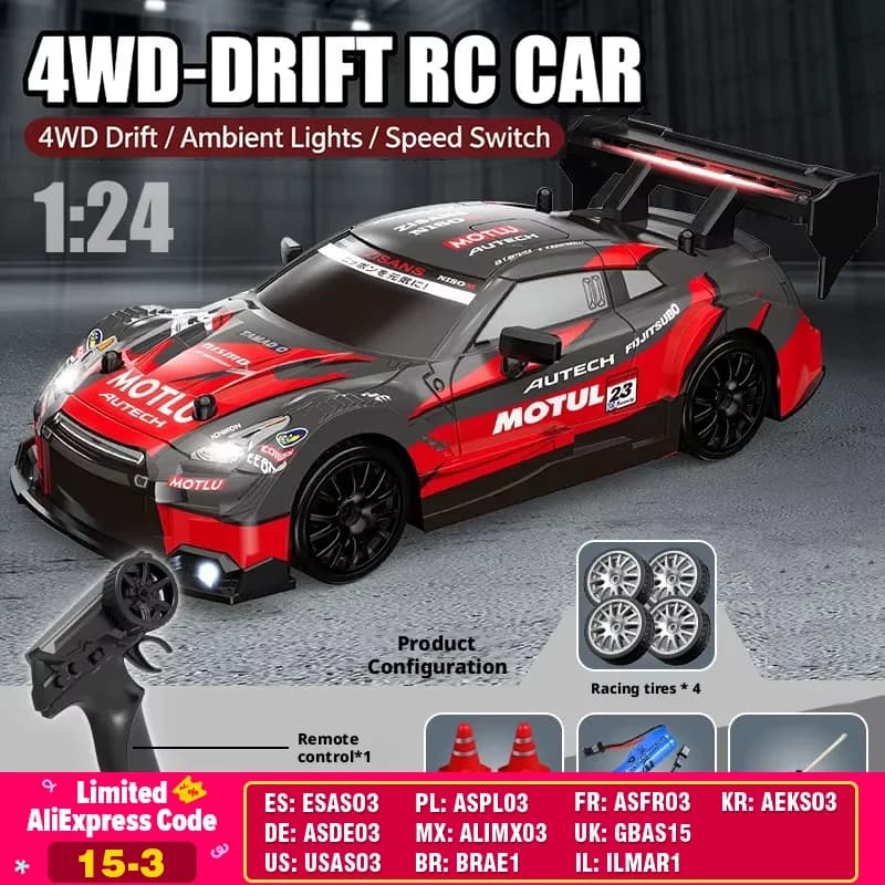 سيارة تحكم عن بعد 4WD RC الانجراف 1:24 عالية السرعة مع أضواء LED، لعبة سباق رياضية للبالغين والأطفال، هدايا للأولاد والبنات