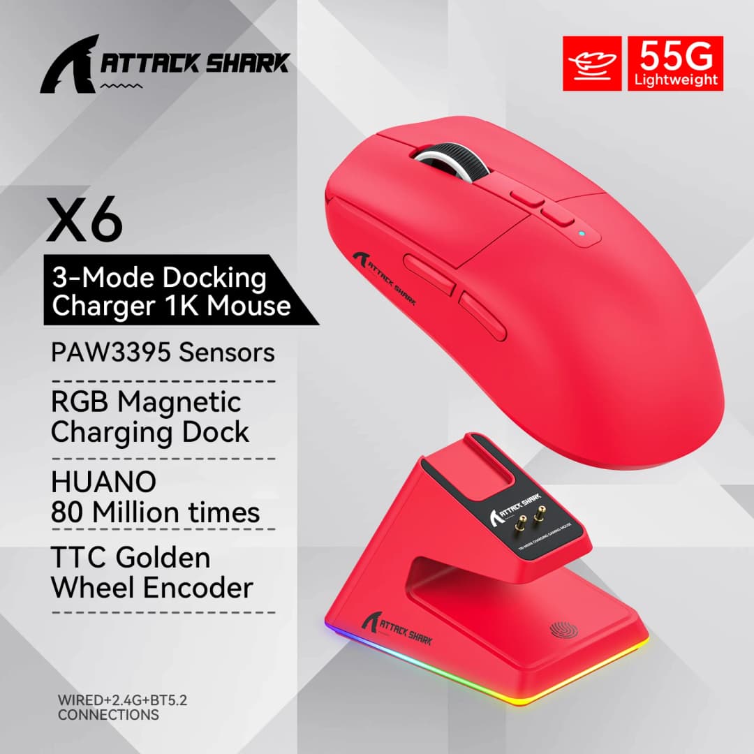 ATTACK SHARK X6 Tri-Mode Wireless Gaming Mouse, 55g Lightweight, PAW3395 Sensor, 26000 DPI,RGB Charging Dock,1000Hz Polling Rate - 2