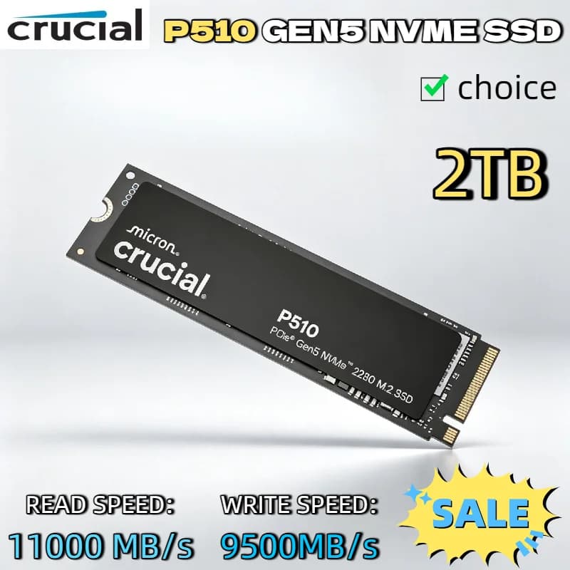 قرص صلب داخلي Crucial P510 NVMe SSD بسعة 1 تيرا بايت، M.2 2280 PCIe 5.0، سرعة قراءة 11000 ميجا بايت/ثانية وسرعة كتابة 9500 ميجا بايت/ثانية، محدث للمبدعين، تقنية TLC NAND و SLC Caching