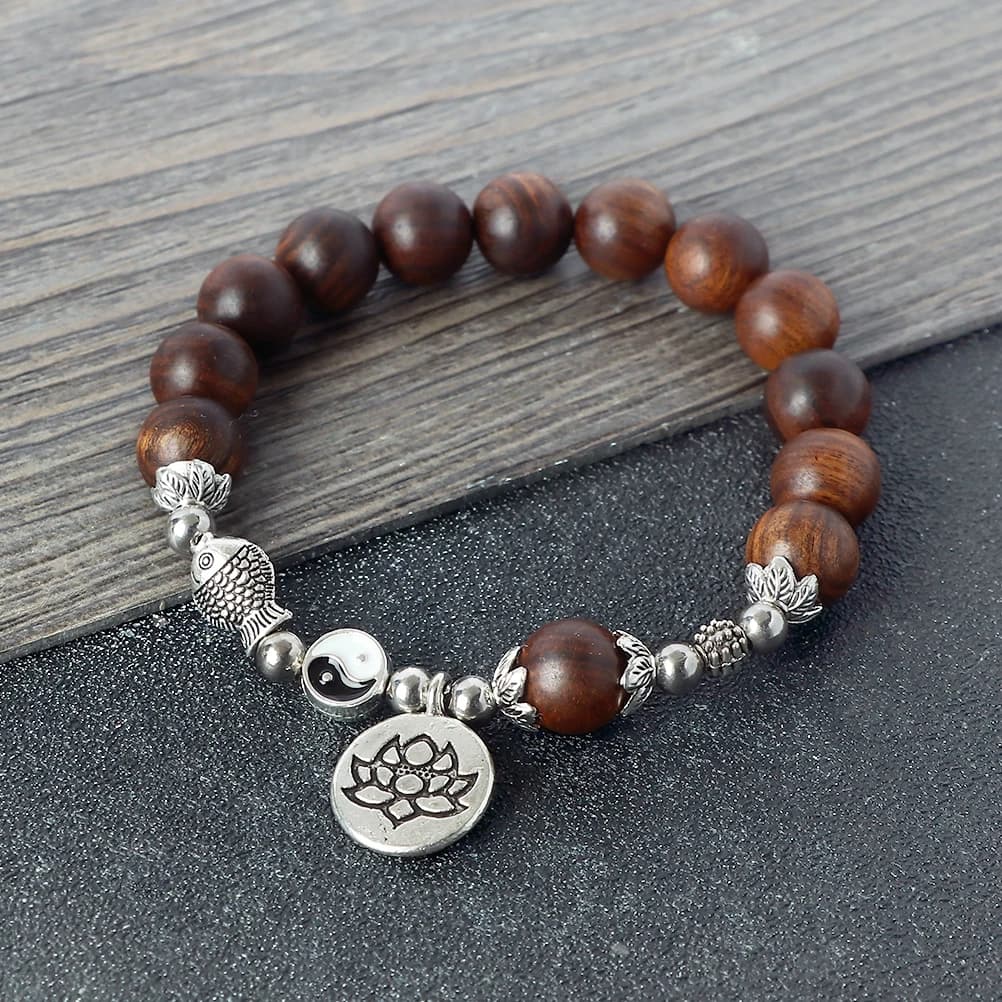 Classic Wooden Beads Prayer Bracelet  Good Luck Lotus Meditation Yoga Jewelry Black Rosewood Cypress Elastic Bangle Women Men - 3