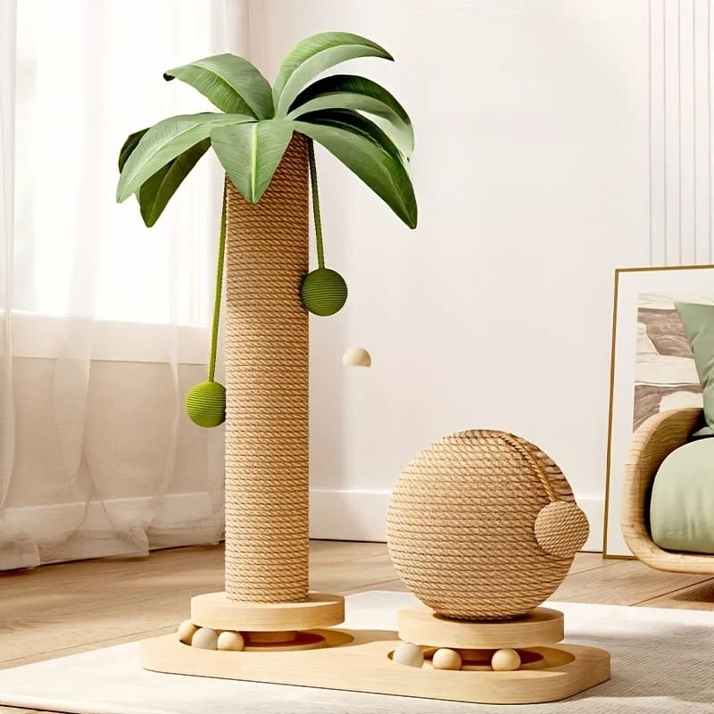 Coconut Tree Cat Scratching Post & Play Tower, 2-in-1 Sisal & Solid Wood Cat Activity Tree with Hanging Balls, Space-Saving - 5