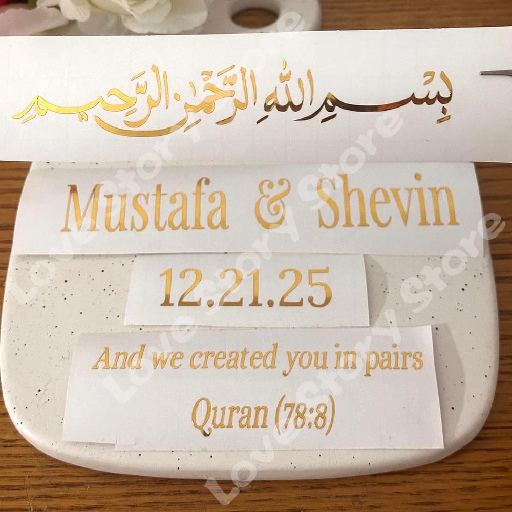 Personalized Sign Vinyl Sticker Name Decal for Mirror Ring Plate Board Engagement Wedding Nikkah Gift Decor Islamic Arabic Label - 4