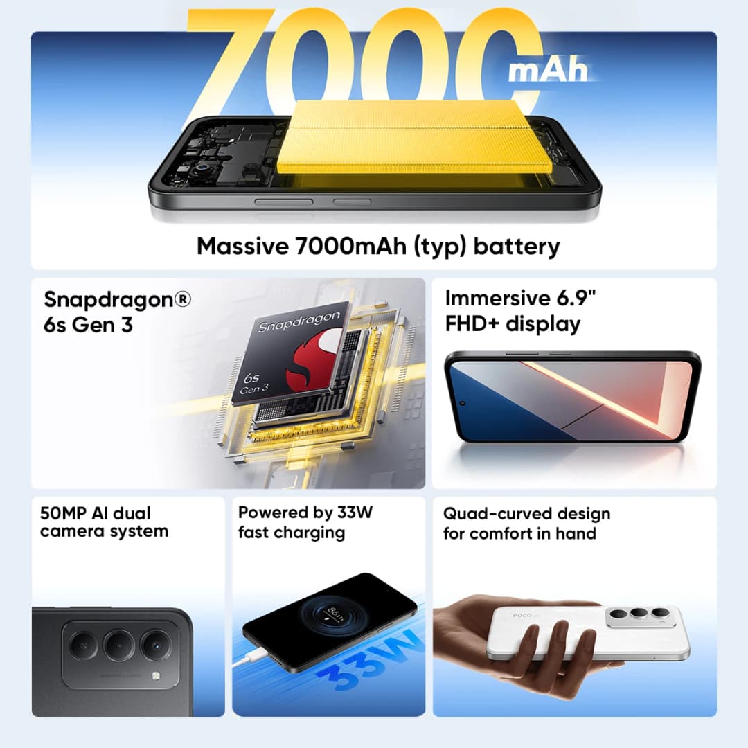 هاتف POCO M8s الإصدار العالمي 5G أحدث إصدار بمعالج Snapdragon 6s الجيل 3 وشاشة 6.9 بوصة 144Hz DotDisplay وكاميرا 50MP وبطارية 7000mAh وشحن سريع 33W وNFC - 2