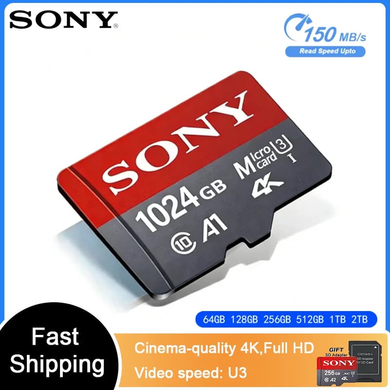 بطاقة ذاكرة SONY Micro SD فئة 10 عالية السرعة 1 تيرابايت، بطاقة فلاش A2 TF للفيديو فائق الدقة 4K، مناسبة لكاميرات Xiaomi والهواتف والطائرات بدون طيار