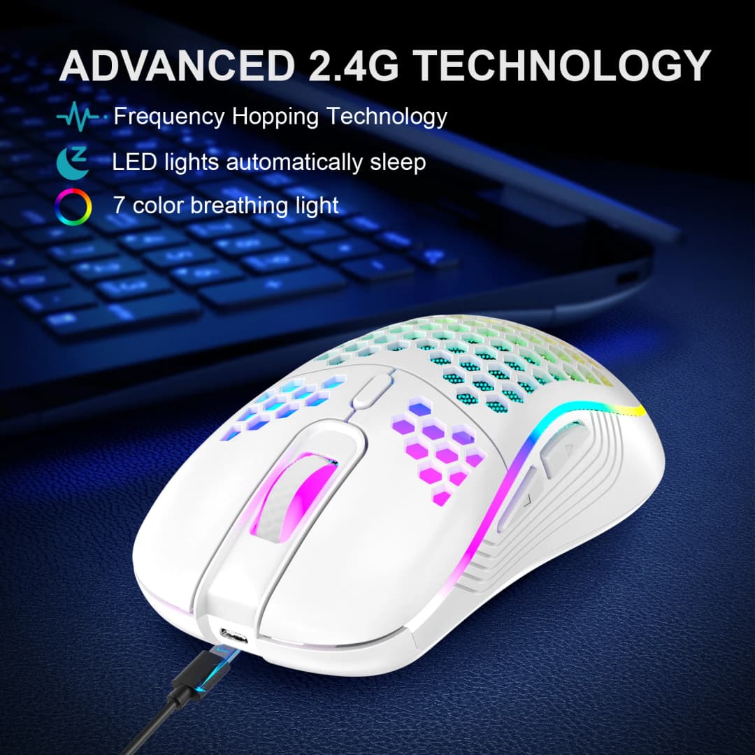 ماوس ألعاب لاسلكي خلية نحل 2.4 جيجاهرتز USB مع إضاءة RGB قابلة لإعادة الشحن وأضواء LED وحبل باراكورد خالي من السحب وتصميم مريح - 2