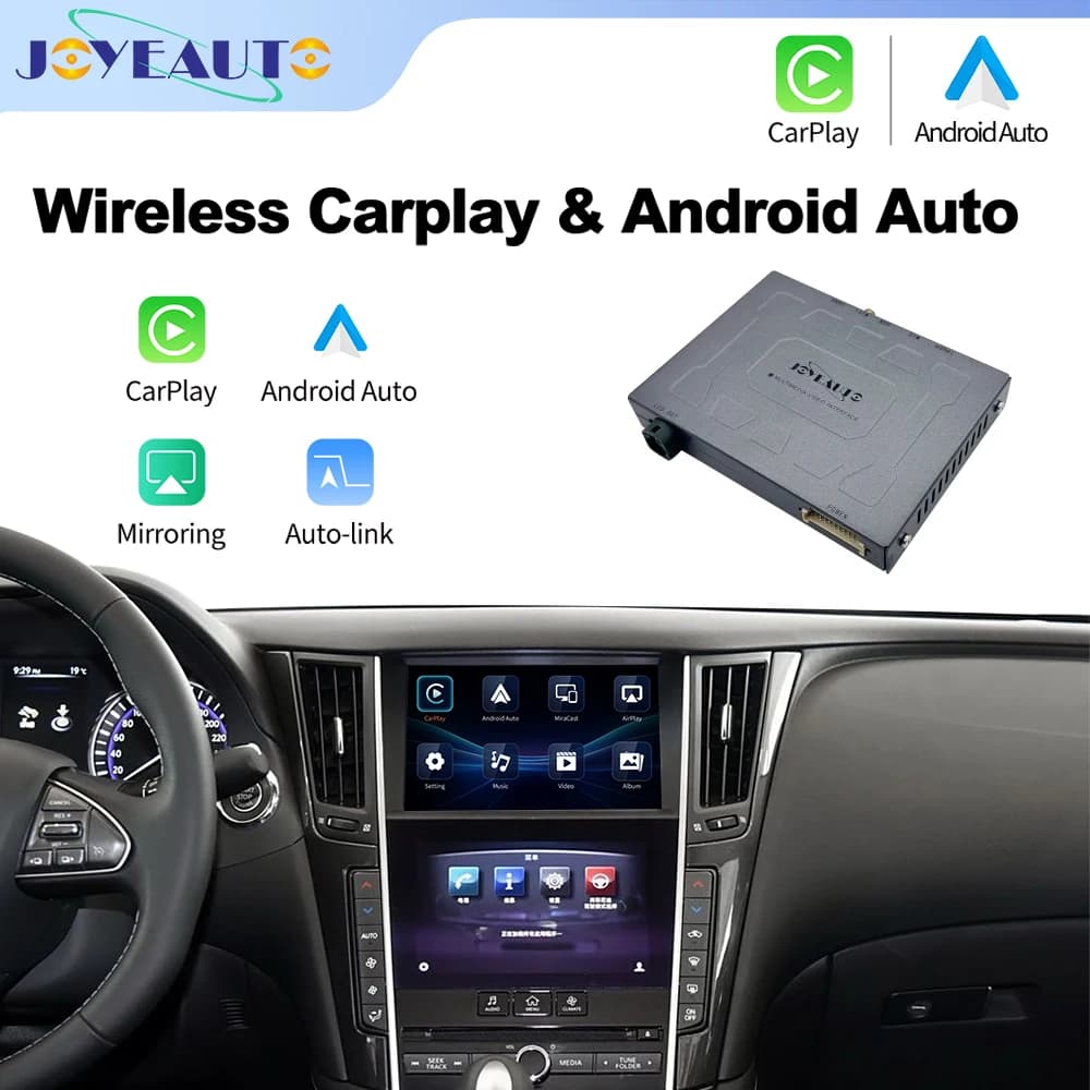 صندوق JoyeAuto اللاسلكي لتحديث نظام CarPlay لسيارات إنفينيتي بشاشة 8 بوصة من 2015 إلى 2019، يدعم Q50 وQ60 وQ50L وQX50، مع دعم Android Auto وMirroring وAirplay وكاميرا.