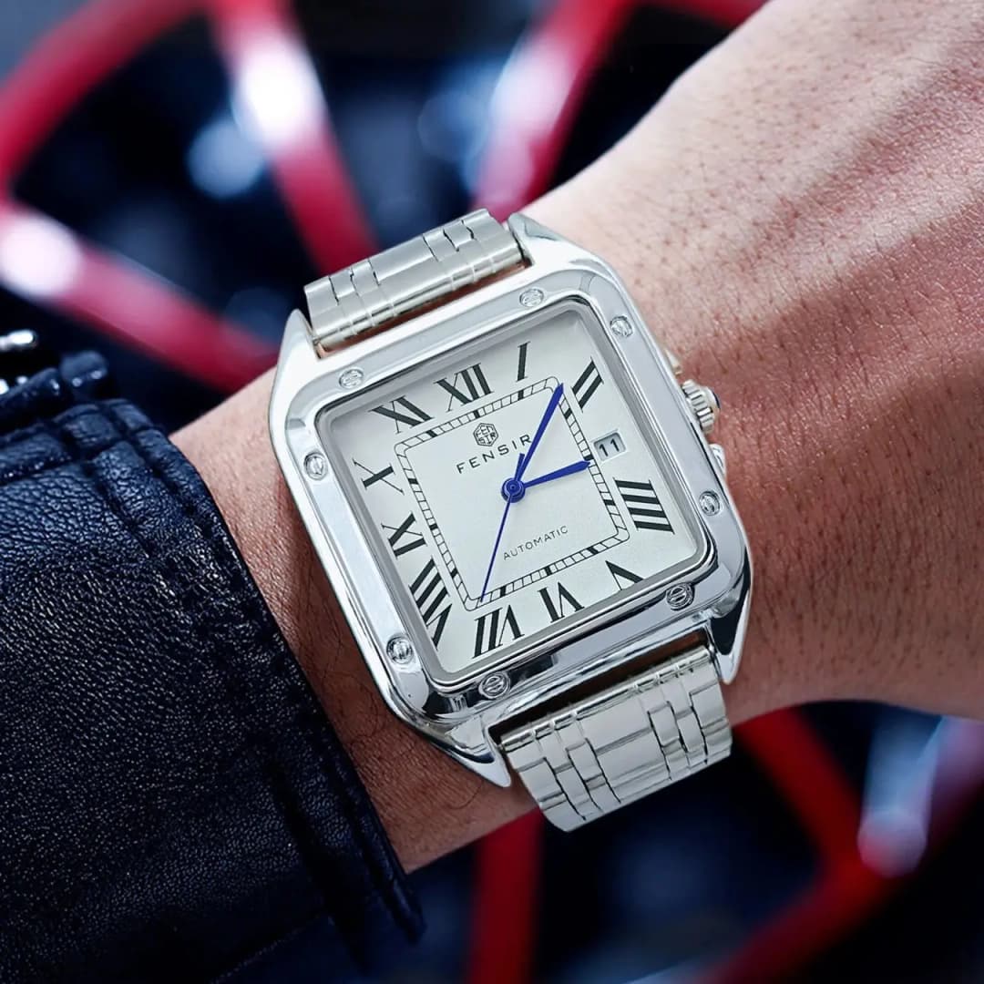 ساعة Santos Tank فاخرة للرجال، عرض التقويم، سوار من الفولاذ المقاوم للصدأ، ساعة رجالية مربعة صغيرة فاخرة، ساعة يد عصرية عملية متعددة الاستخدامات، أفضل هدية له - 6