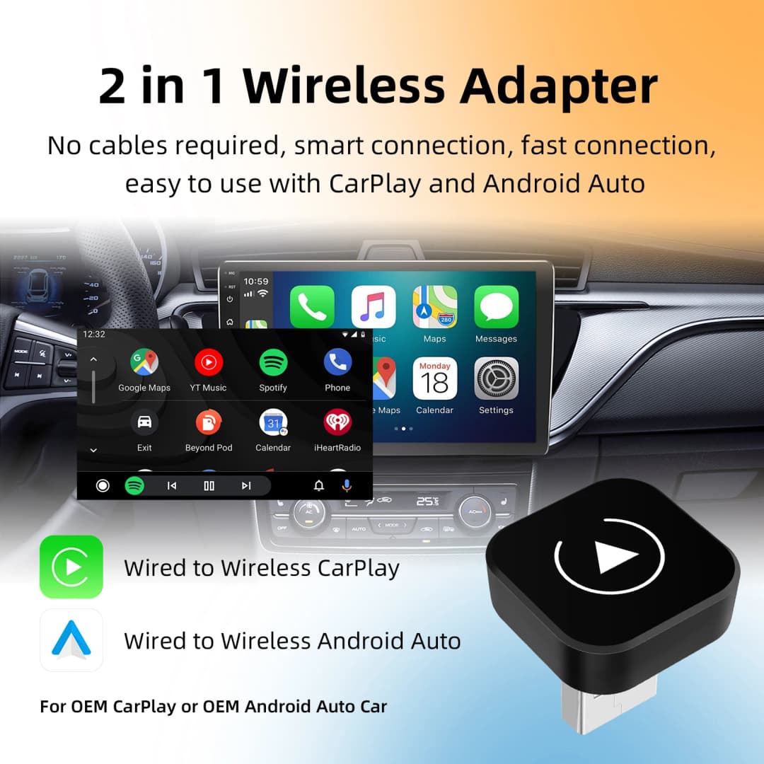 محول عالمي 2in1 لاسلكي CarPlay وAndroid Auto، صندوق صغير ذكي للسيارات السلكية، تشغيل فوري، WiFi اتصال سريع - 2