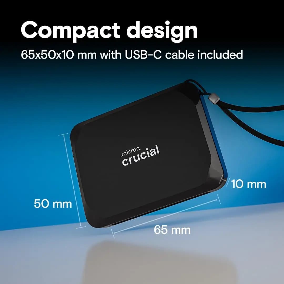 قرص صلب محمول Crucial X9 بسعة 1 تيرابايت، سرعة نقل تصل إلى 1050 ميجابايت/ثانية، USB 3.2 Type-C، مناسب لأنظمة ويندوز وماك وأندرويد - 2
