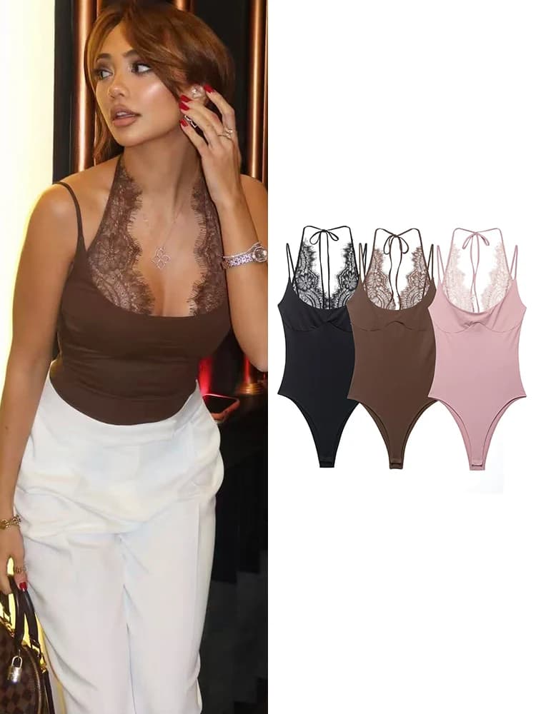 TFMLN Women Sexy Slim Bodysuits Chic Lace Partwork Sleeveless Fashion Backless Sling Tops 2026 Newest Lady Casual Playsuit