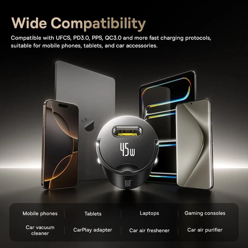 Baseus 45W Mini Car Charger UFCS PPS QC PD Fast Charging For Tablets iPhone 17 16 15 14 13 Samsung Xiaomi Car Phone Charger - 6