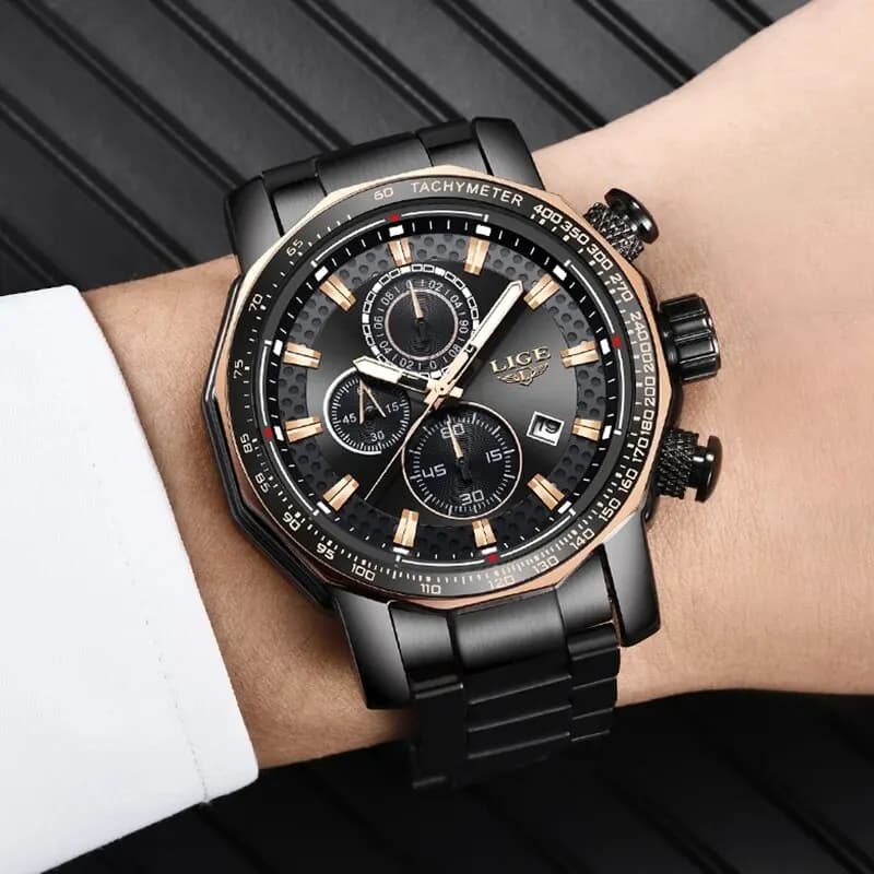 LIGE New Sport Chronograph Mens Watches Top Brand Luxury Full Steel Quartz Clock Waterproof Big Dial Watch Men Montre Homme - 5
