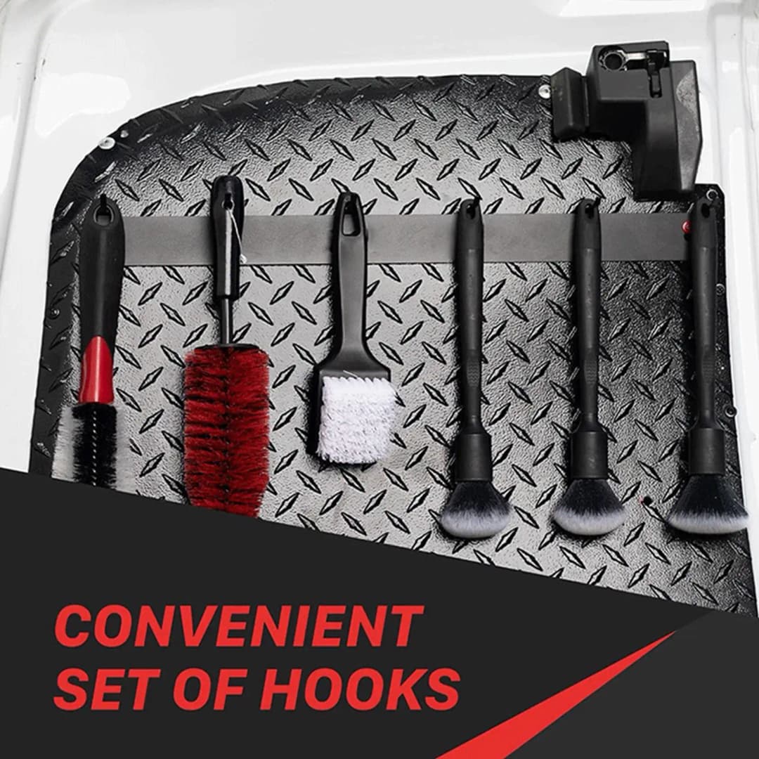 شماعة فرشاة تفصيل من الفولاذ المقاوم للصدأ مع 6 خطافات تنظيم، منظم تفصيل سيارات مثبت على الحائط للمنزل أو الورشة أو المرآب - 2