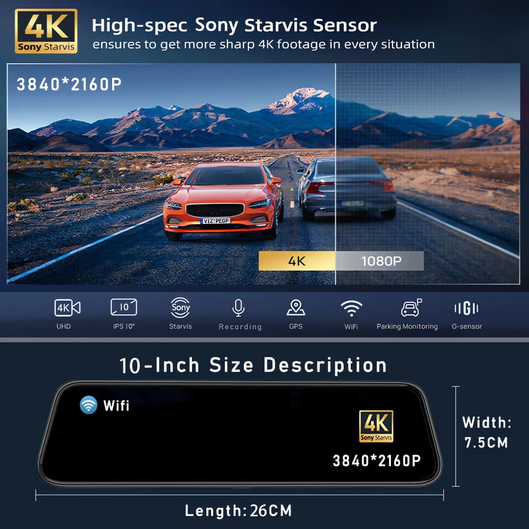 كاميرا سيارة 10 بوصة بدقة 4K 2160P مع نظام تحديد المواقع وواي فاي، جهاز تسجيل فيديو رقمي بمرآة بعدسة مزدوجة، شاشة IPS، مسجل قيادة، مرآة رؤية خلفية - 4