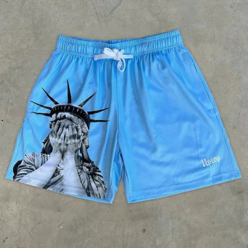 European and American men's summer Statue of Liberty print comfortable breathable drawstring shorts outdoor casual pants - 3