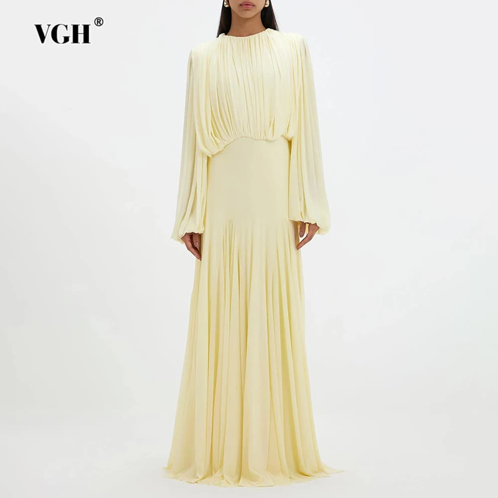 VGH Yellow Dinner Loose Folds Maxi Dresses for Women O Neck Shoulder Pud High Waist Temperament Dress Female Fashion Clothing
