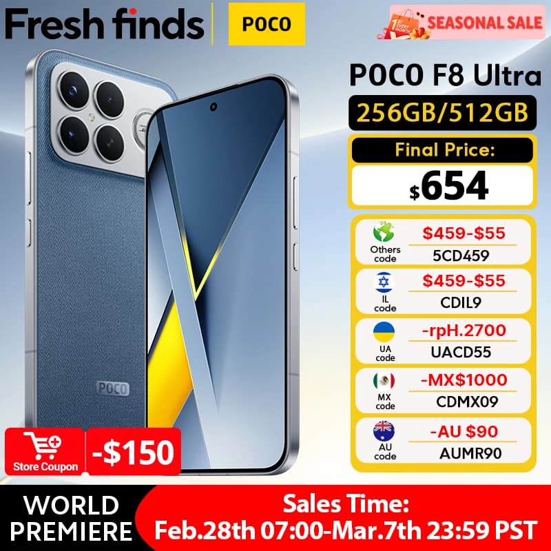 الإصدار العالمي POCO F8 Ultra 5G هاتف ذكي معالج Snapdragon 8 Elite Gen 5 بطارية 6500mAh شاشة 6.9 بوصة 120Hz شاشة POCO Hyper RGB AMOLED