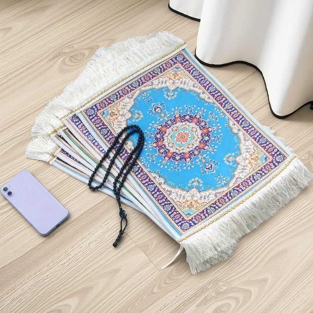 2 قطع مجموعة صغيرة محمولة سجادة صلاة مع مسبحة مسلمة 30 سم × 40 سم وسادة حرير الجليد مشبك حصيرة مسلم الإسلام التطريز السجاد - 5