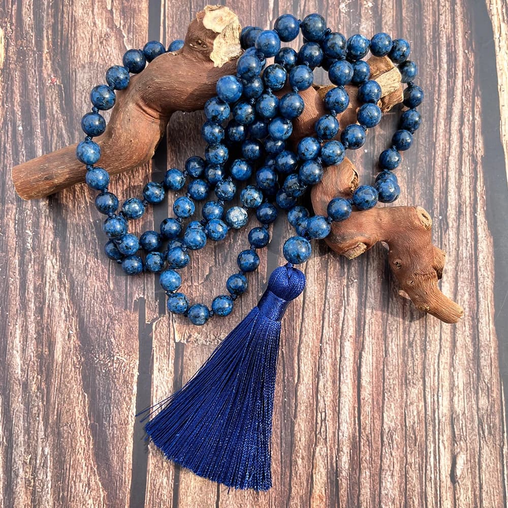 8mm Lapis Lazuli Colored Stone Knotted 108 Mala Bead Necklace Meditation Prayer Rosary Japamala Jewelry for Men and Women - 5