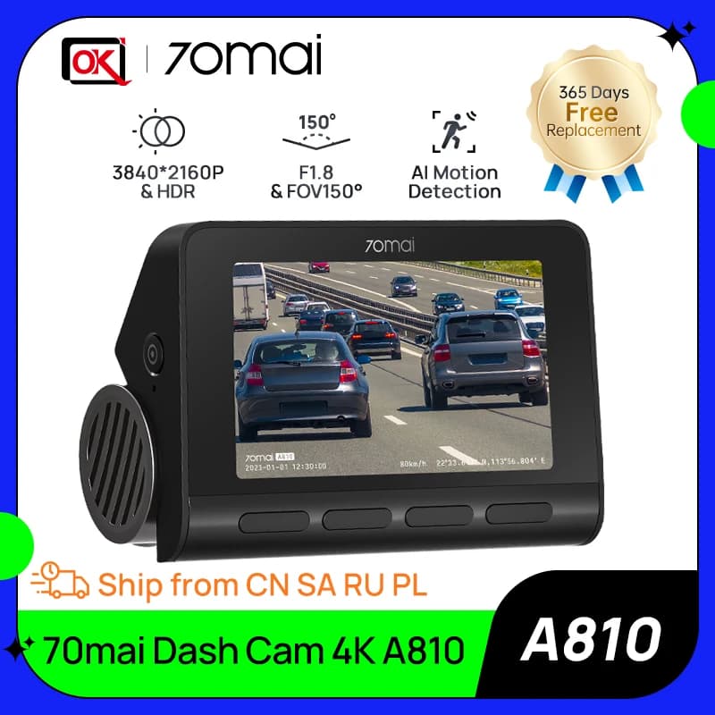 70mai كاميرا سيارة جديدة A810 Ultra HD 4K كشف حركة AI دعم مراقبة خلفية أو انتظار GPS مدمج وADAS زاوية رؤية 150 درجة