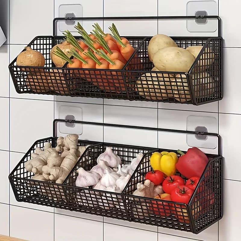 Wall Mounted Kitchen Storage Basket Suitable for Durable Metal Wire Storage of Spices, Garlic, Onions, and Vegetables