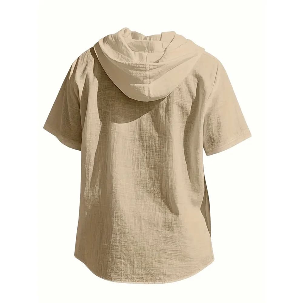 Cotton Linen Shirt for Men Hooded Short Sleeve Solid Color Breathable Lightweight Drawstring Design Shirts Casual Basic Tees - 5
