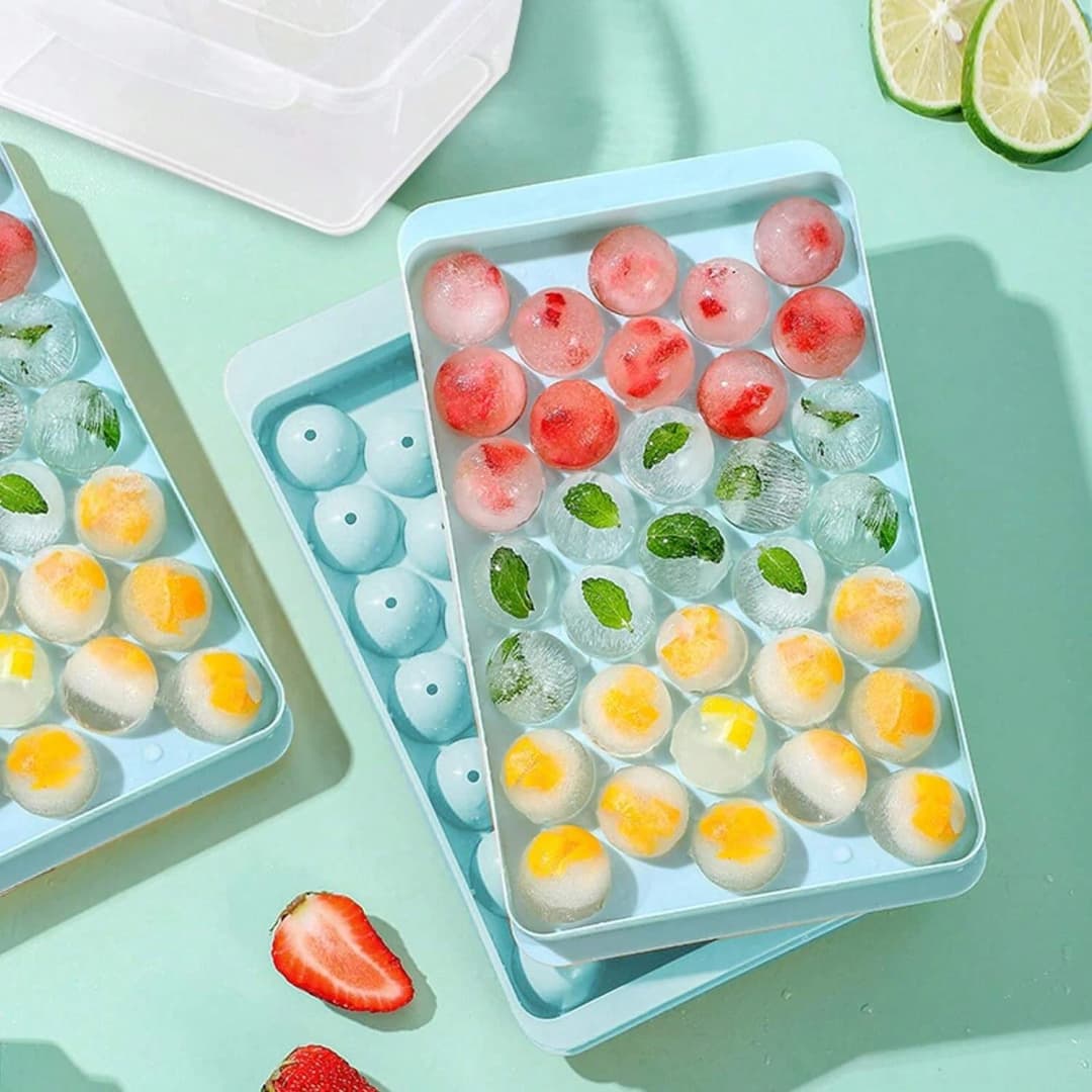 مجموعة قوالب مكعبات الثلج الدائرية، 3 قوالب، حاوية ثلج وملعقة، قوالب ثلج محسنة، قالب مكعبات ثلج دائري للمشروبات والويسكي والقهوة - 3