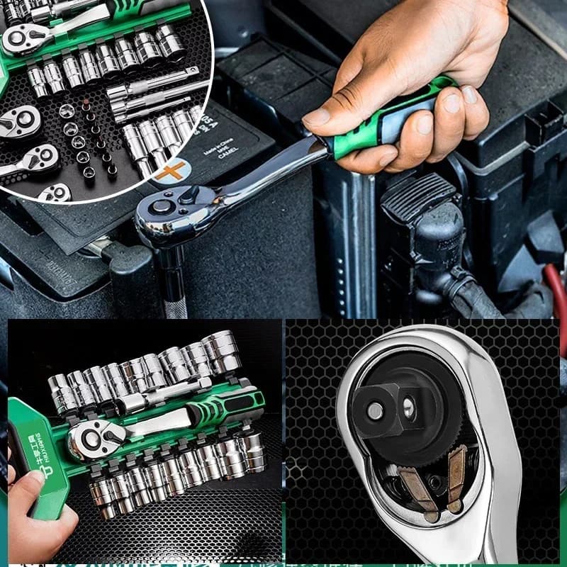 مجموعة مفتاح راتشيت ومقابس 1/4 و3/8، أدوات يدوية لإصلاح السيارات والدراجات النارية، مجموعة إصلاح السيارات - 3
