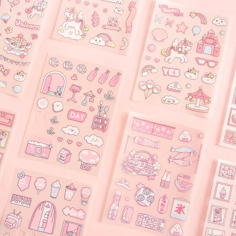 Kawai 4Pcs Pink PET Decorative  Stickers Pack Scrapbooking Stationery School Supplies Korean Stickers - 3