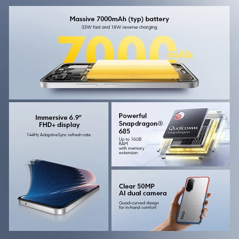 هاتف شاومي POCO M7 نسخة عالمية 128 جيجابايت 256 جيجابايت معالج Snapdragon 685 بطارية 7000 مللي أمبير شاشة 6.9 بوصة 144 هرتز NFC شحن سريع 33 واط - 2