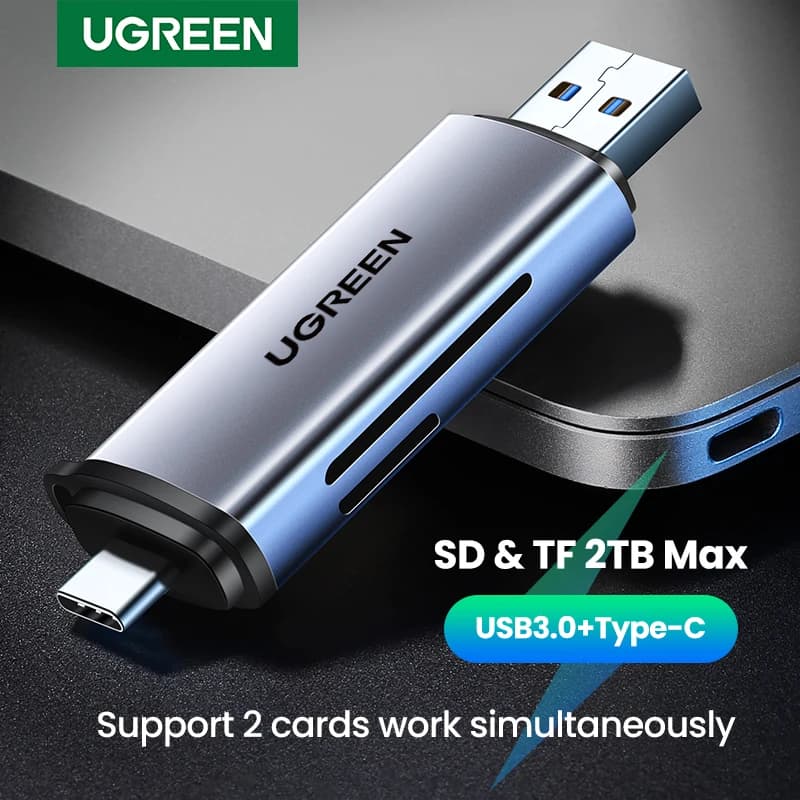 قارئ بطاقات UGREEN USB3.0 و USB C إلى SD و MicroSD و TF و Thunderbolt 3 لملحقات الكمبيوتر المحمول قارئ بطاقات الذاكرة الذكي محول بطاقة SD