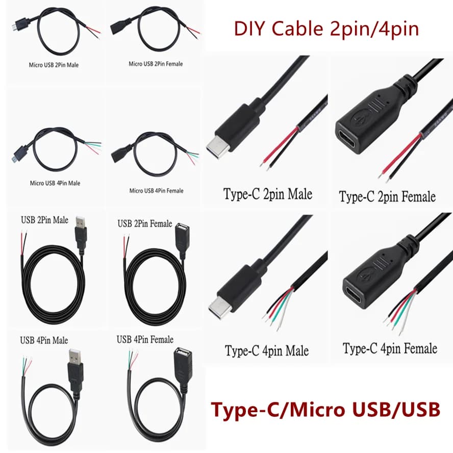 موصل شاحن 2Pin 4Pin Micro USB / Type C USB 2.0 Type A ذكر وأنثى قابس طاقة كابل تمديد سلك DIY خط بيانات
