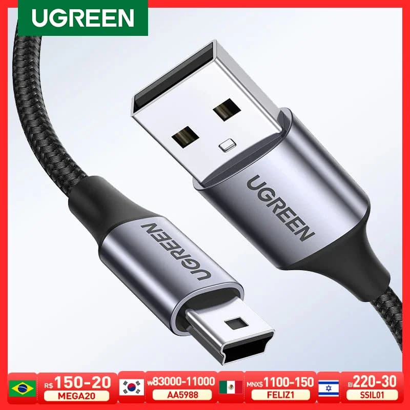 كابل Mini USB من Ugreen، كابل شحن بيانات سريع من Mini USB إلى USB لتشغيل MP3 وMP4 وسيارة DVR وكاميرا رقمية وHDD